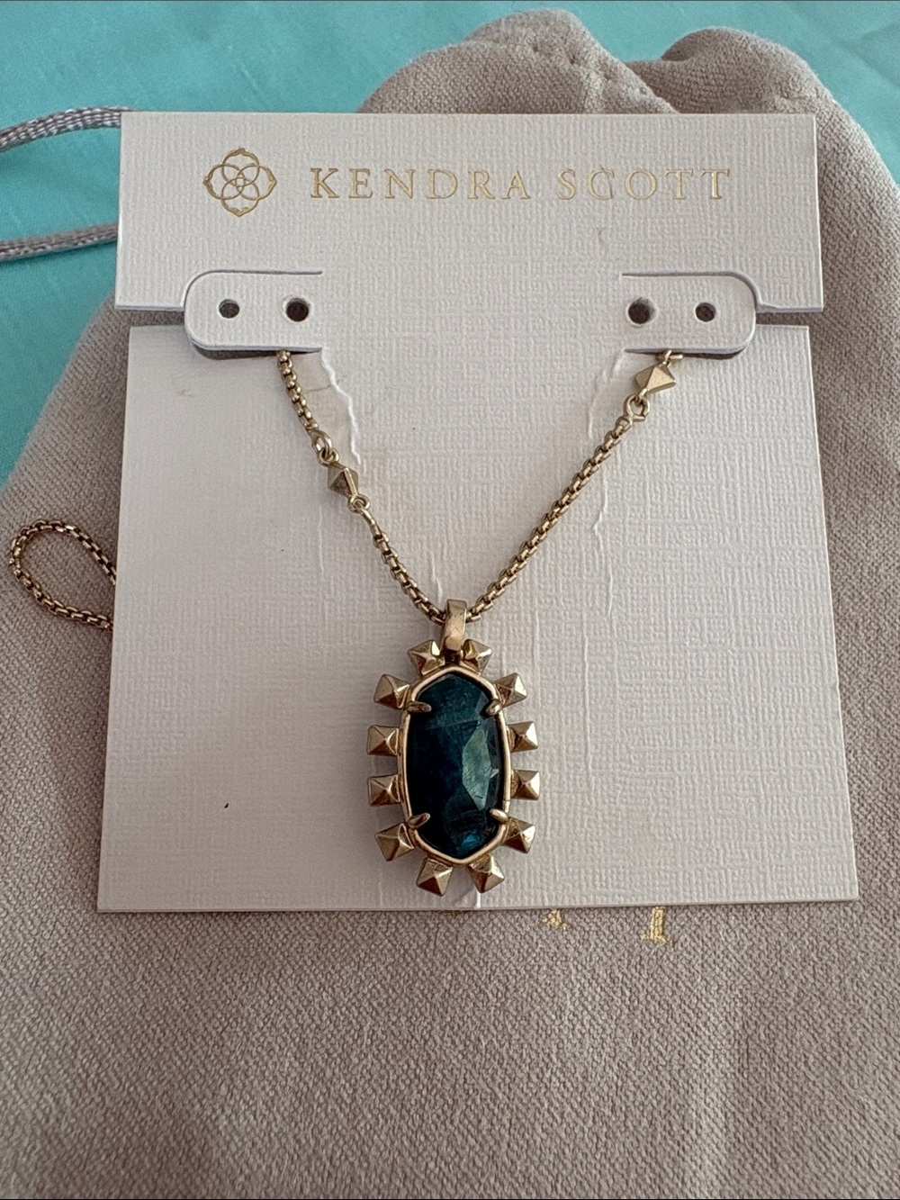 Nwt Kendra Scott Necklace Gold with Teal blue stone, cubic zirconia stones - Picture 4 of 5